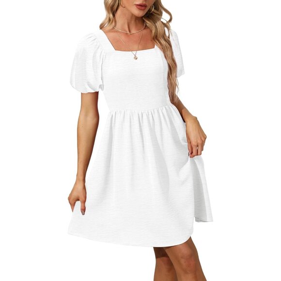 Ofeefan Women White Puff Sleeve Square Neck Tie in Back Dresses with Zipper - Picture 3 of 5